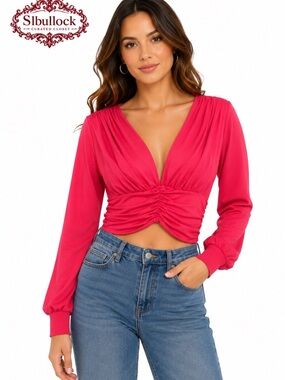 21Saints Ruched Deep V Long Sleeve Crop Top Pink XL Glam Going Out Top